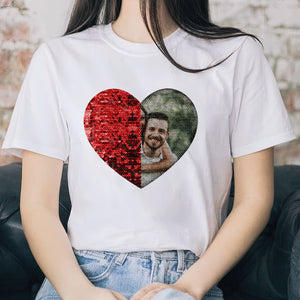 Custom Photo Sequin Shirt For Couples - gift for dog lover, cat lover - Personalized Sequin T-shirt