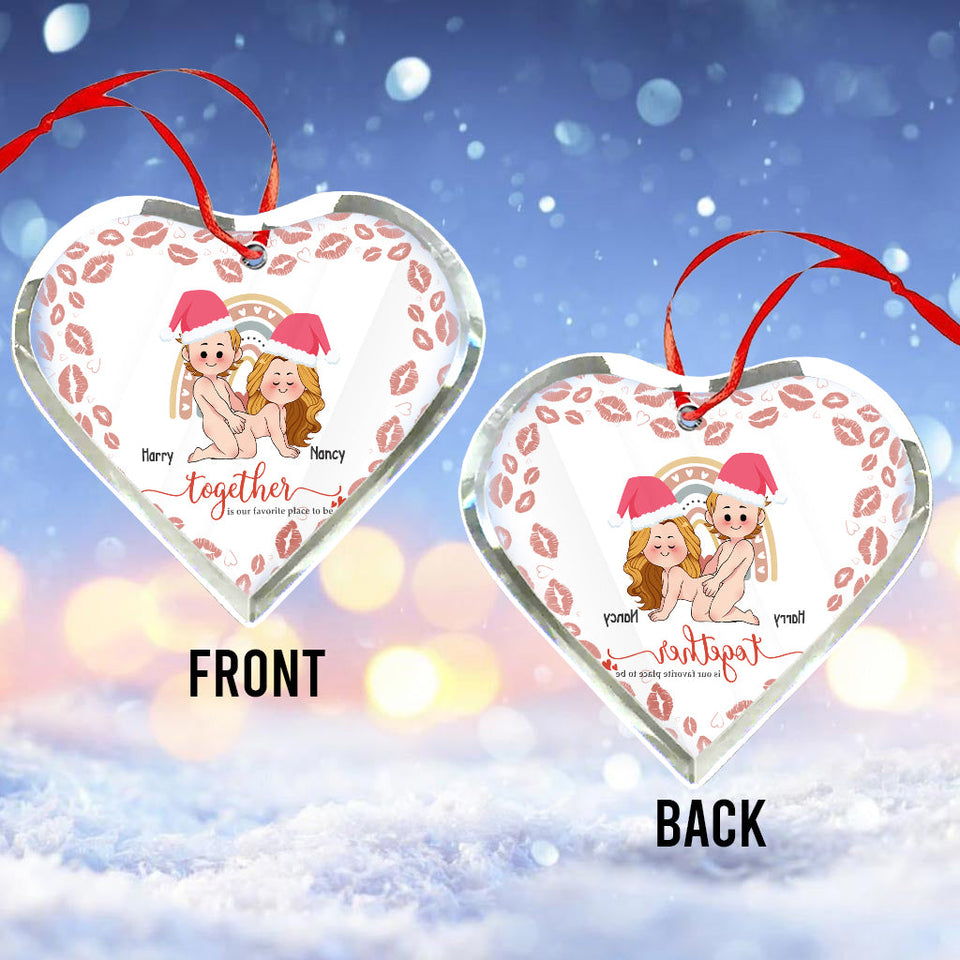 Together Is Our Favorite Place - Personalized Couple Heart Shaped Glass Ornament