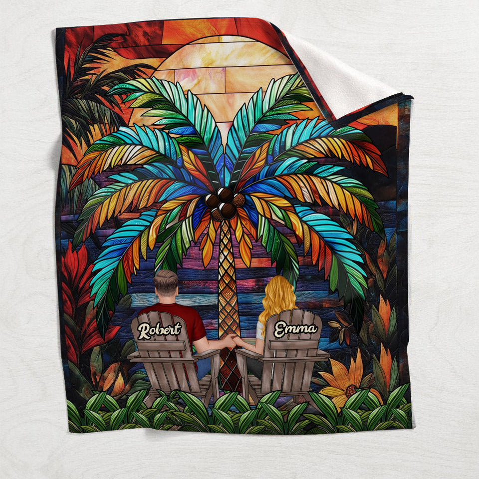 Under The Palm Tree Happy Couple - Personalized Couple Blanket