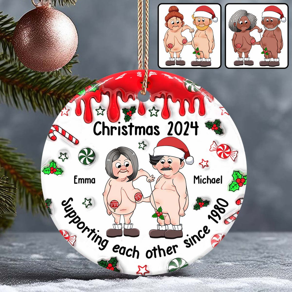 Supporting Each Other - Personalized Couple Ceramic Circle Ornament