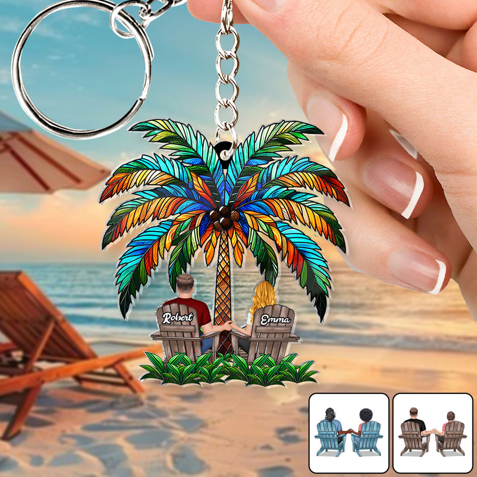 Under The Palm Tree Happy Couple - Personalized Couple Custom Shaped Keychain