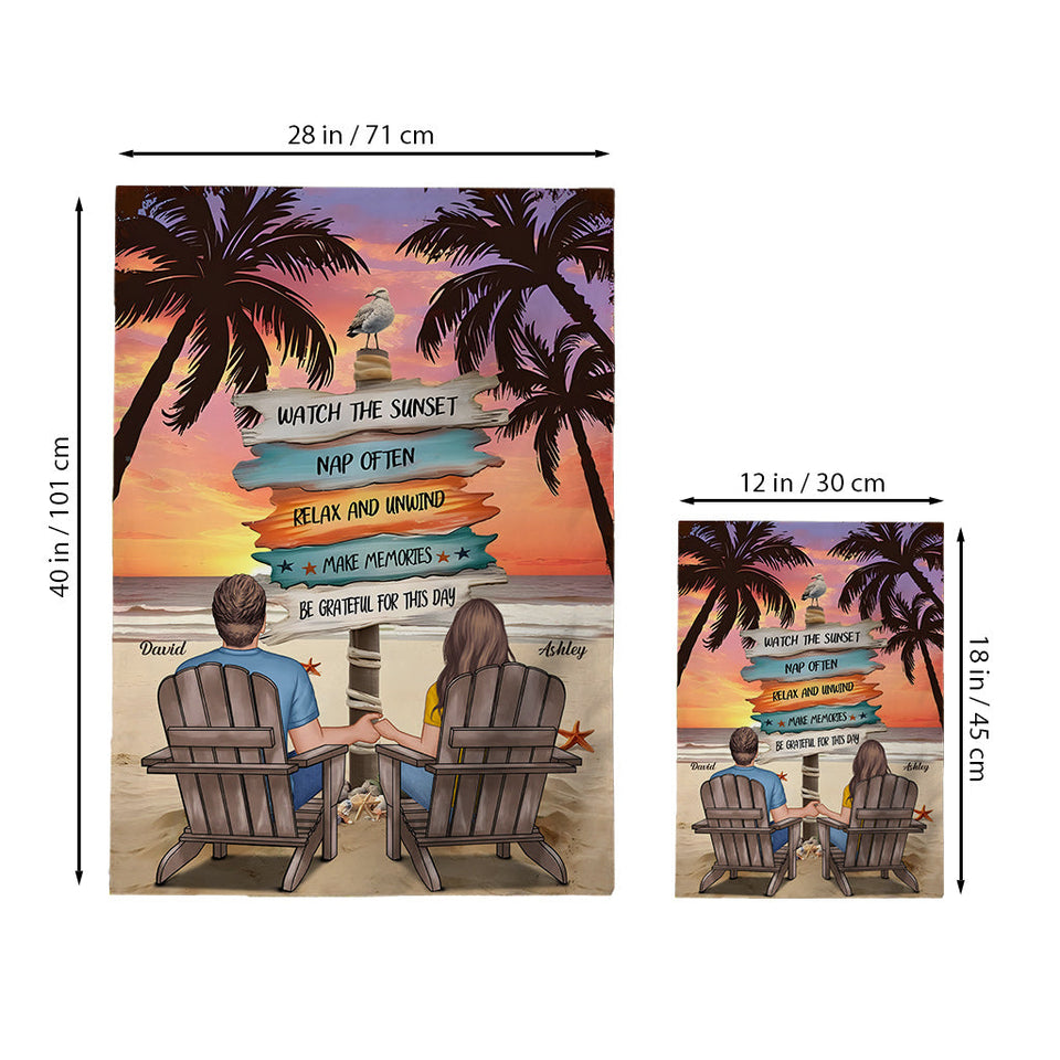 Vintage Tropical Palm Tree Beach Sunset - Personalized Couple Garden Flag