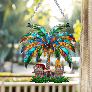 Under The Palm Tree Happy Couple - Personalized Couple Window Hanging Suncatcher Ornament