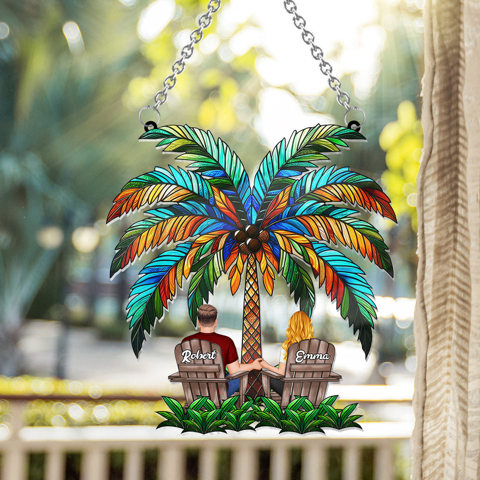 Under The Palm Tree Happy Couple - Personalized Couple Window Hanging Suncatcher Ornament