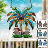 Under The Palm Tree Happy Couple - Personalized Couple Window Hanging Suncatcher Ornament