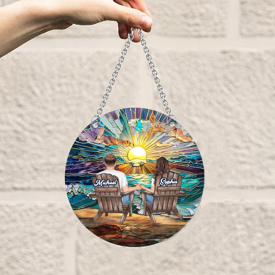 Happy Family Enjoying Romantic Beach - Personalized Couple Window Hanging Suncatcher Ornament