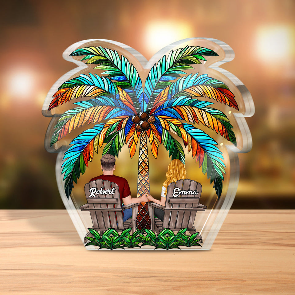 Under The Palm Tree Happy Couple - Personalized Couple Custom Shaped Acrylic Plaque