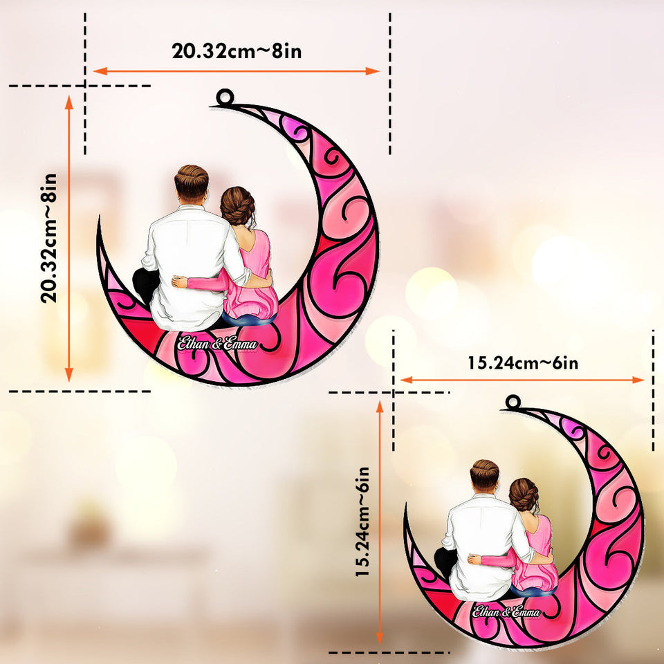 Couple Sitting On The Moon - Personalized Couple Window Hanging Suncatcher Ornament