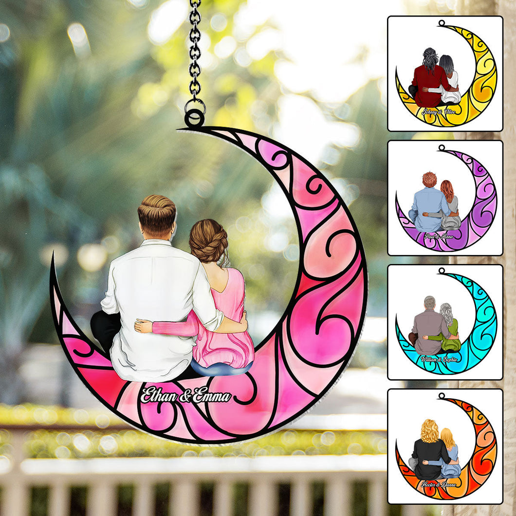 Couple Sitting On The Moon - Personalized Couple Window Hanging Suncatcher Ornament