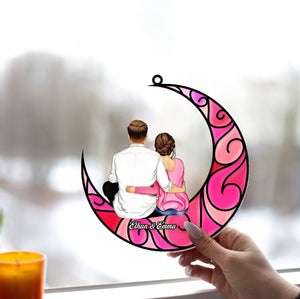 Couple Sitting On The Moon - Personalized Couple Window Hanging Suncatcher Ornament